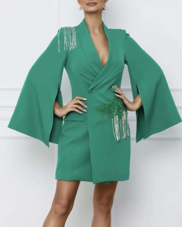 Rochie sacou eleganta verde cu broderie si franjuri din perle
