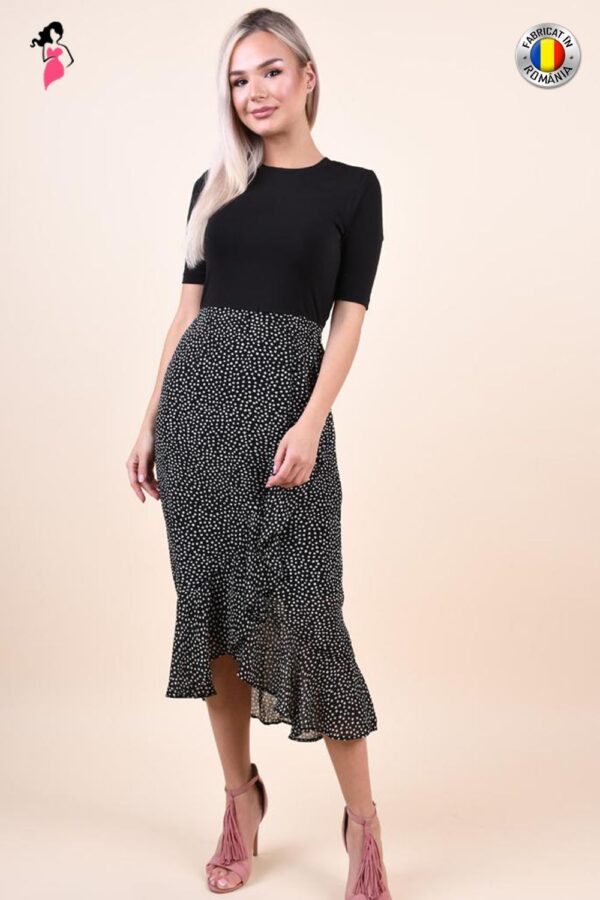 Rochie vaporoasa midi neagra cu buline albe