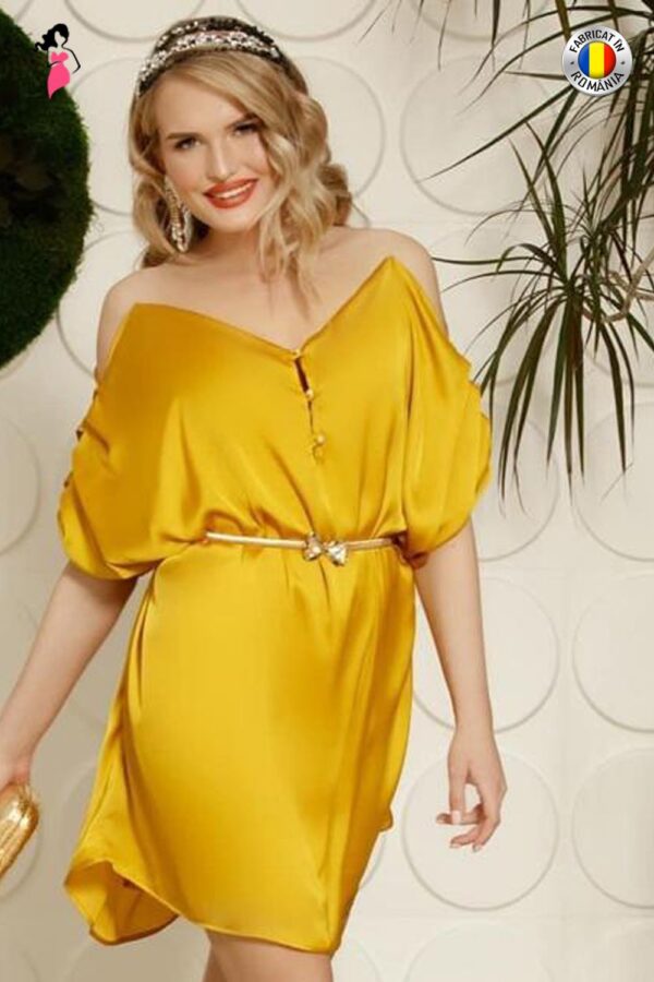 Rochie Pretty Girl eleganta galben-mustar vaporoasa cu maneci cazute in falduri