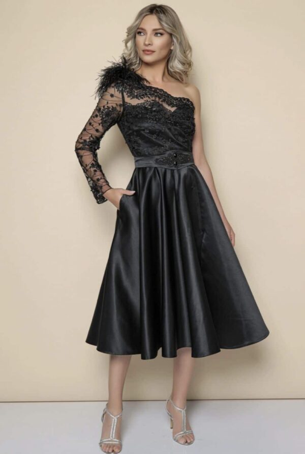 Rochie neagra din tafta cu broderie si pene