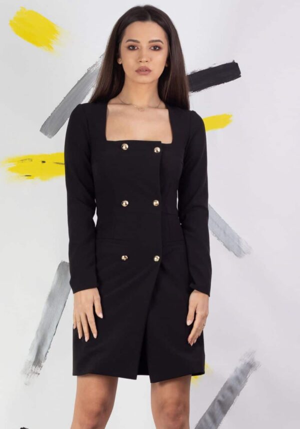 Rochie Moze tip sacou negru prevazut cu doua randuri de nasturi