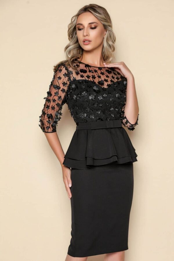 Rochie eleganta conica cu broderie flori 3D