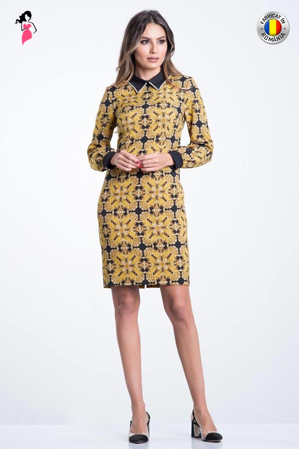 Rochie casual Xara mustar cu imprimeu fractal