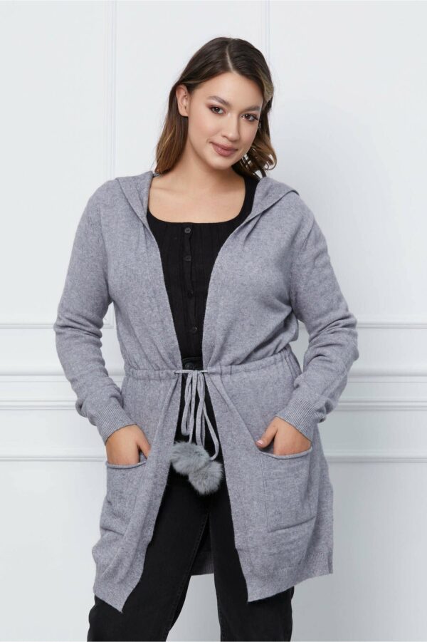 Cardigan Mara gri cu gluga si snur in talie