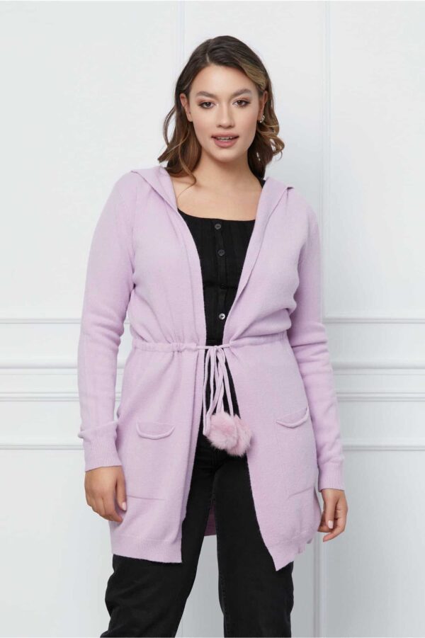 Cardigan Mara lila cu gluga si snur in talie
