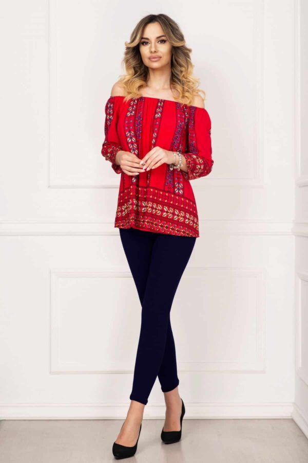 Compleu casual Melody cu bluza rosie si imprimeu folcloric By InPuff