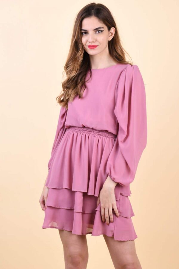 Rochie roz prafuit din voal cu partea de jos asimetrica
