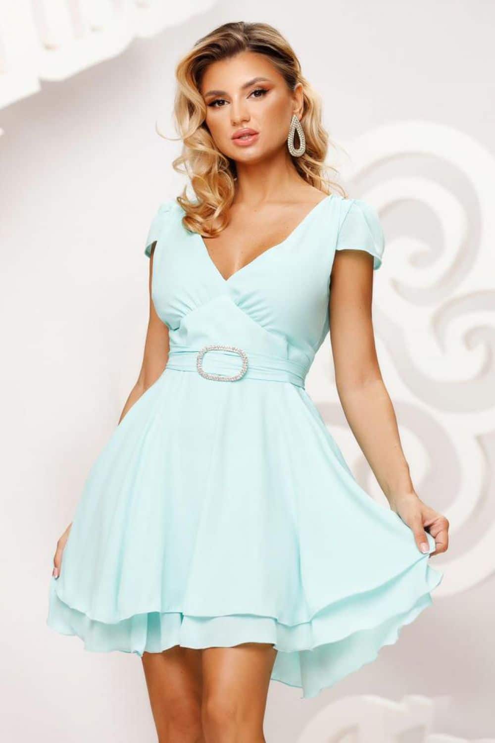 Rochie bleu scurta din voal cu cordon detasabil