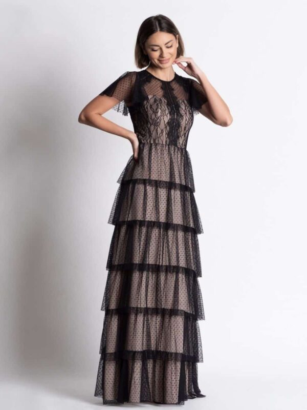 Rochie lunga eleganta confectionata din randuri din tull si dantela cu imprimeu buline negre