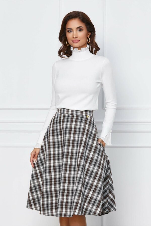 Fusta Dy Fashion alba cu carouri maro clos cu buzunare