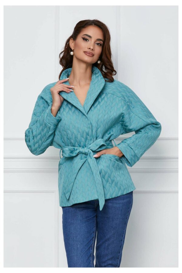 Jacheta Ariana turcoaz cu cordon in talie