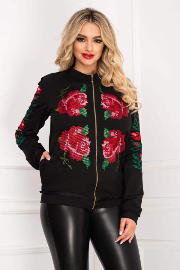 Jacheta Venezia neagra din bumbac cu broderie colorata traditionala