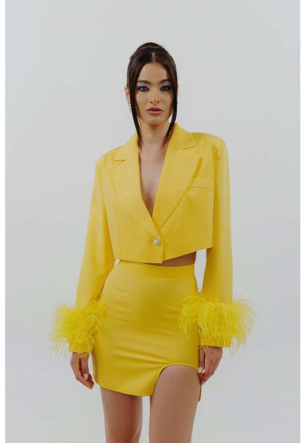 Sacou crop cu revere decupate si pene de strut