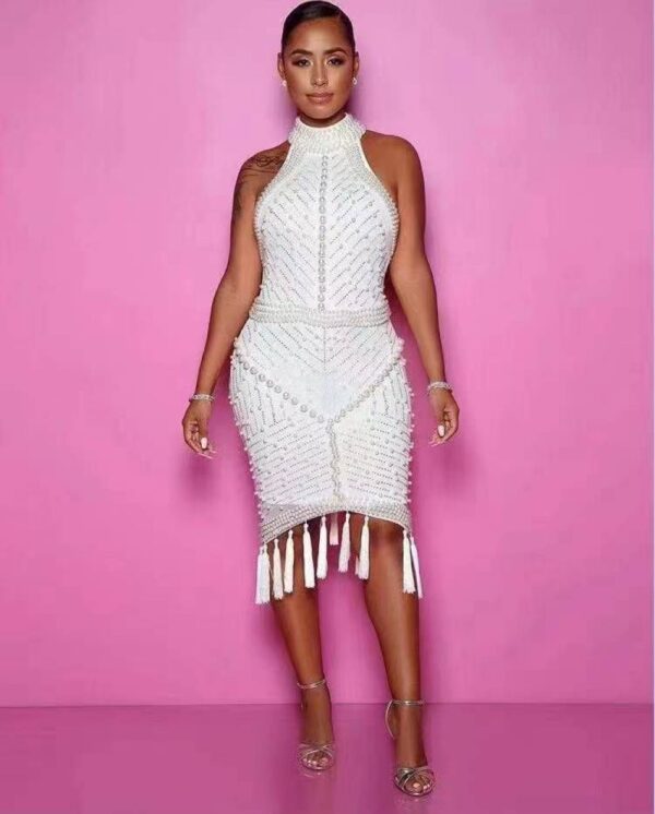 Rochie conica bandage cu perle si franjuri