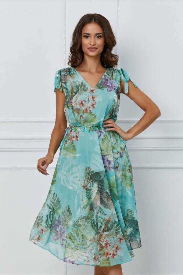 Rochie Anastasia bleu cu imprimeu exotic