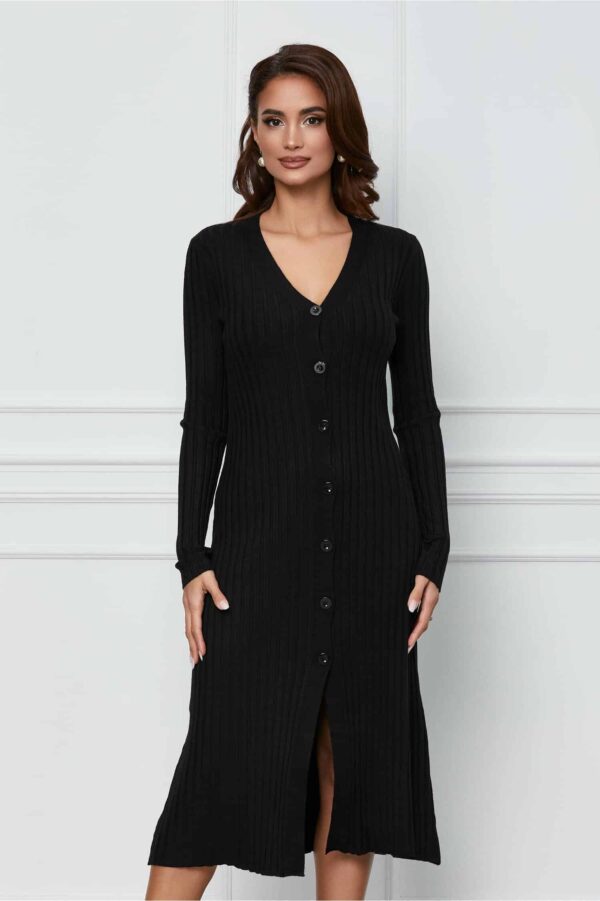 Rochie Anisia neagra din tricot reiat cu nasturi