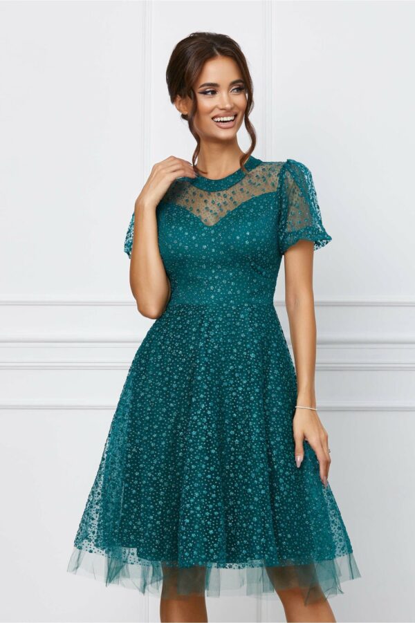 Rochie Alexandra rosie cu dungi negre si strasuri