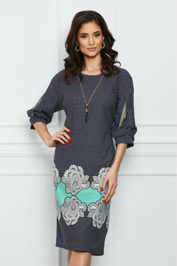 Rochie Dariana neagra cu imprimeu floral auriu si curea in talie