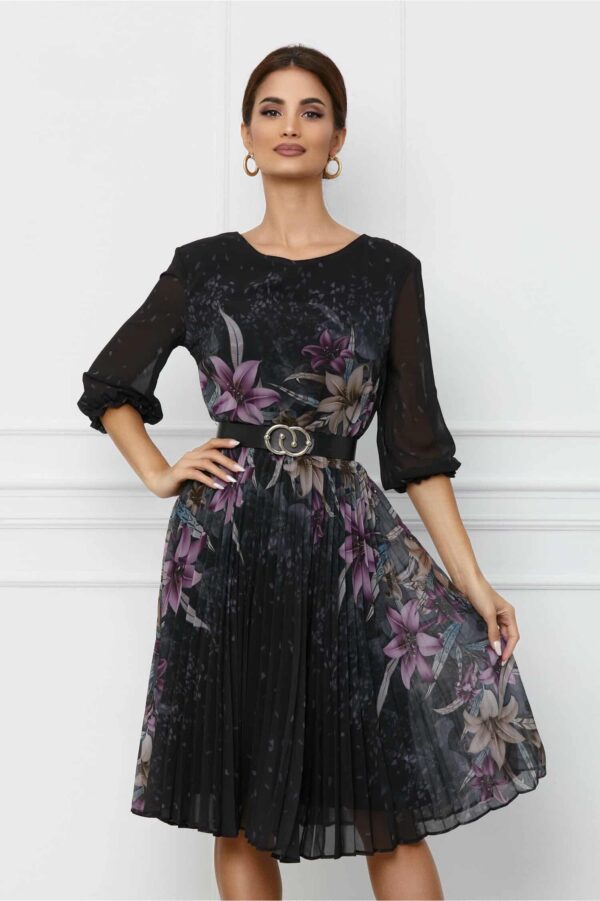 Rochie Dy Fashion galbena cu imprimeu pe maneci si nasturi la bust