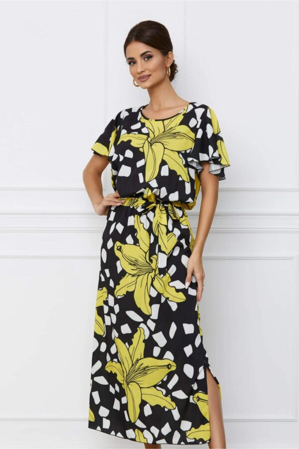 Rochie Dorina verde crud cu imprimeuri mov si cordon in talie