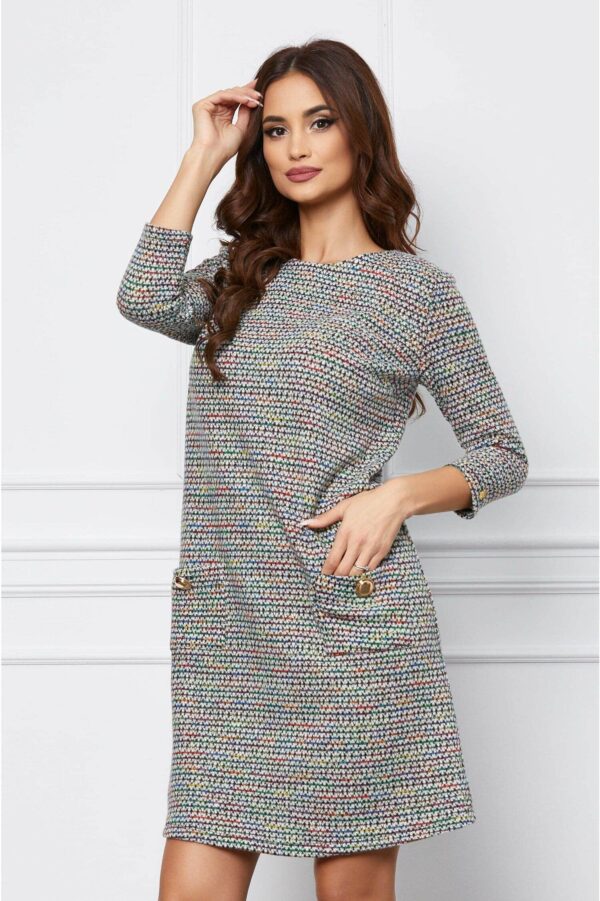 Rochie Dy Fashion albastra cu imprimeuri si fronseu pe talie