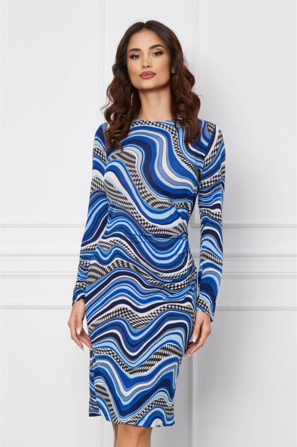 Rochie Dy Fashion albastra cu pliuri si accesoriu in talie