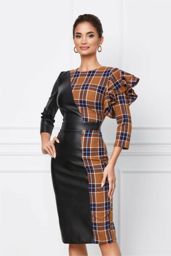 Rochie Dy Fashion din piele ecologica turcoaz cu carouri maro