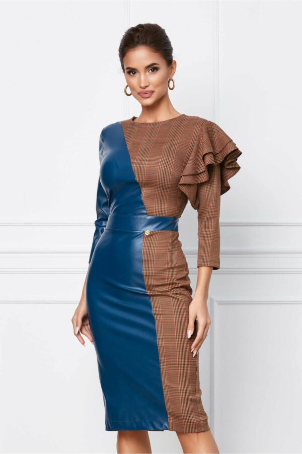 Rochie Dy Fashion din piele ecologica bej si carouri maro