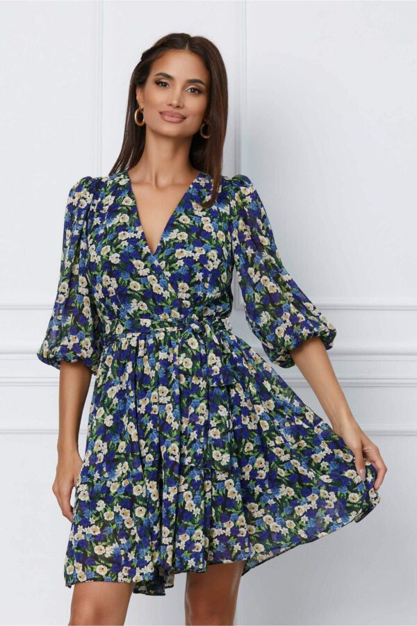 Rochie Dy Fashion din voal roz cu imprimeu floral orange si cordon in talie