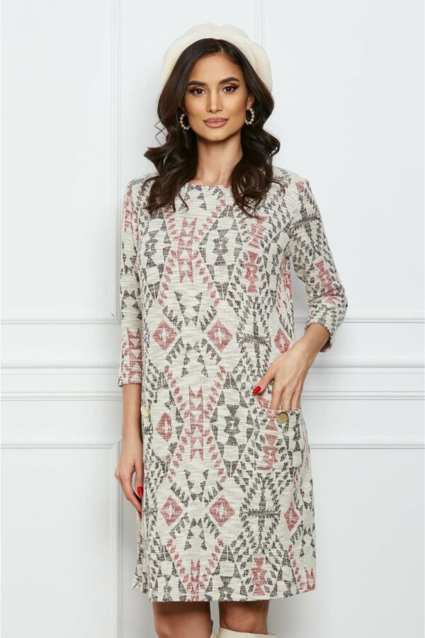 Rochie Dy Fashion neagra cu flori si nasturi la buzunare