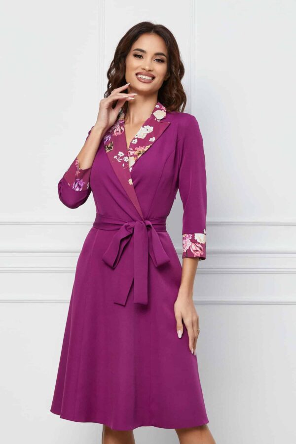 Rochie Dy Fashion bleu cu imprimeu floral pe rever si cordon in talie