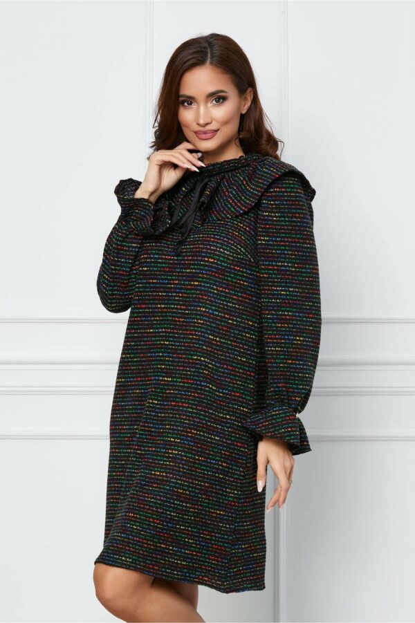 Rochie Dy Fashion gri cu picatele colorate si volan la bust