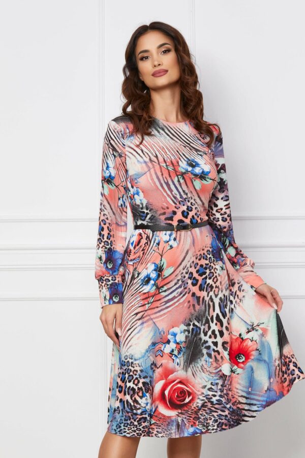 Rochie Dy Fashion corai si turcoaz cu zebra print si decupaj pe maneci