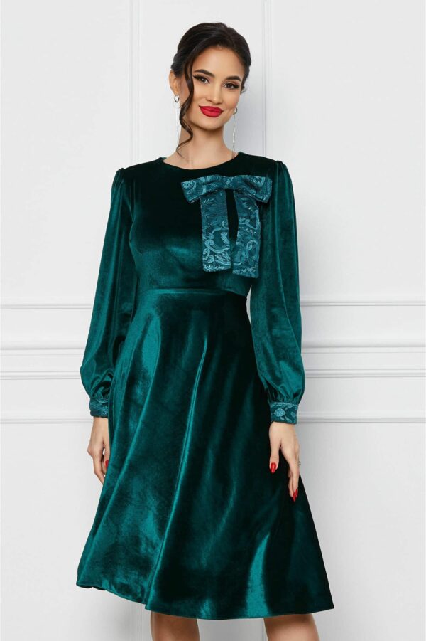 Rochie Dy Fashion verde din catifea cu funda si mansete din dantela