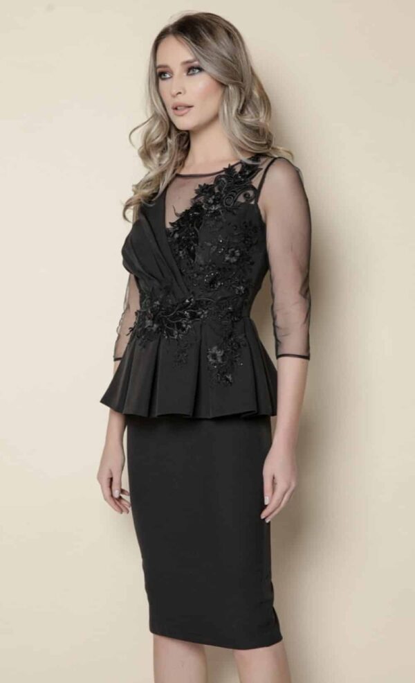Rochie eleganta midi cu broderie si peplum la talie