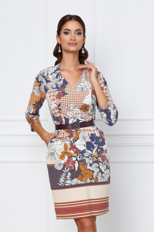 Rochie Amelia bej cu imprimeuri negre