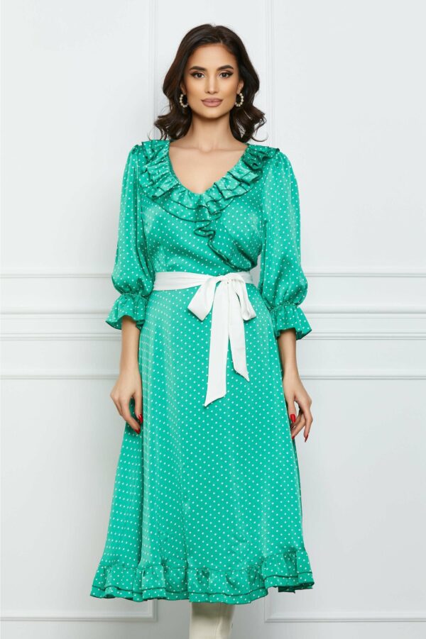 Rochie Felicia verde cu buline albe si cordon in talie