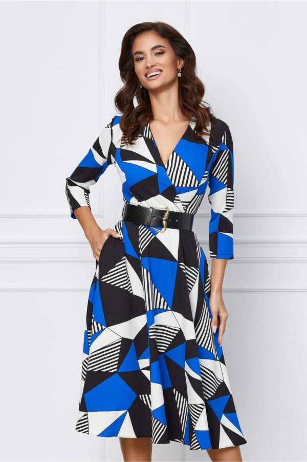 Rochie Emora bej cu imprimeu si curea in talie