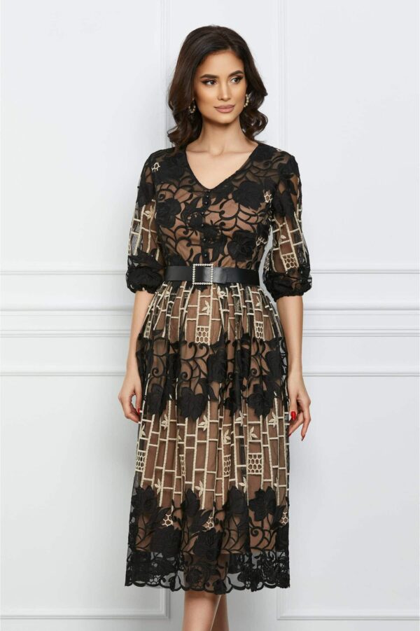 Rochie Mona neagra cu aplicatii stralucitoare si curea in talie