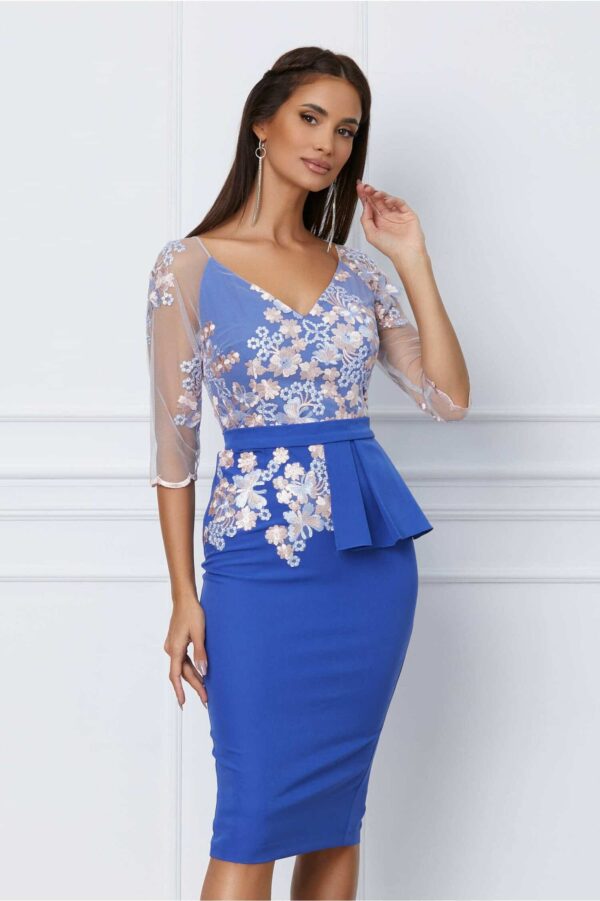 Rochie MBG roz cu broderie la bust si peplum in talie