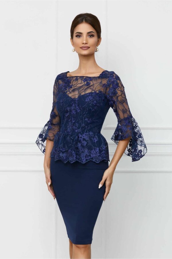 Rochie MBG bej cu maneci clopot si peplum in talie