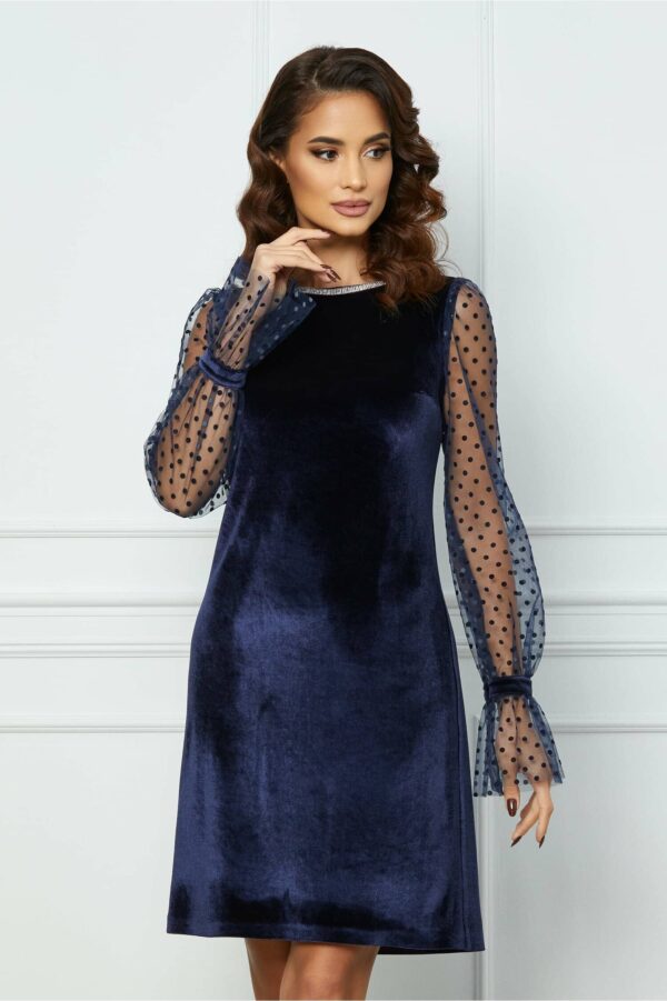 Rochie MBG bleumarin din catifea cu maneci din tull cu buline