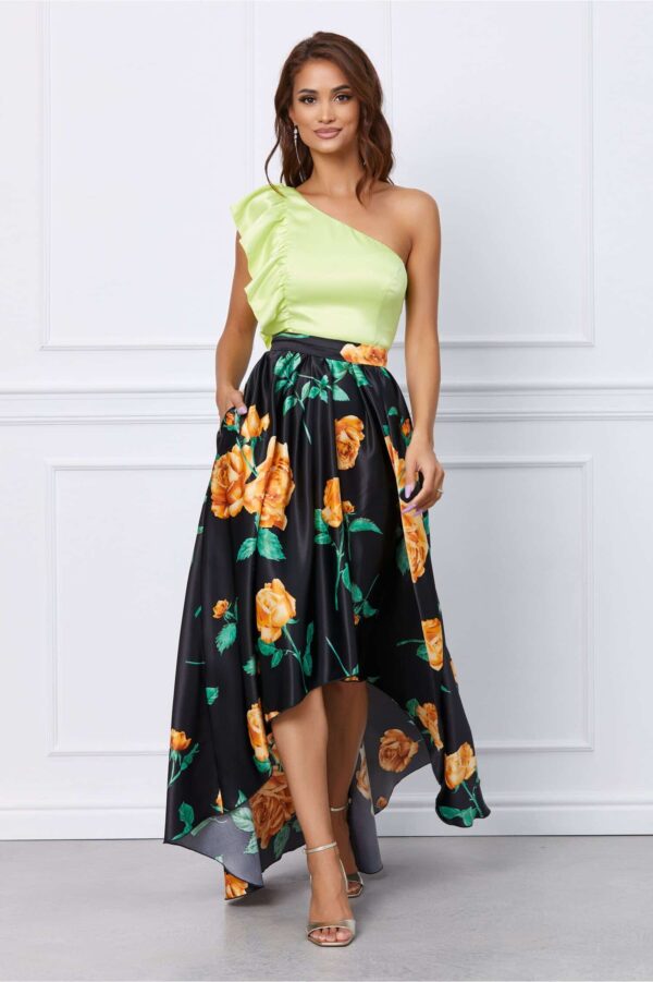 Rochie MBG bleumarin din satin cu aplicatie la umar