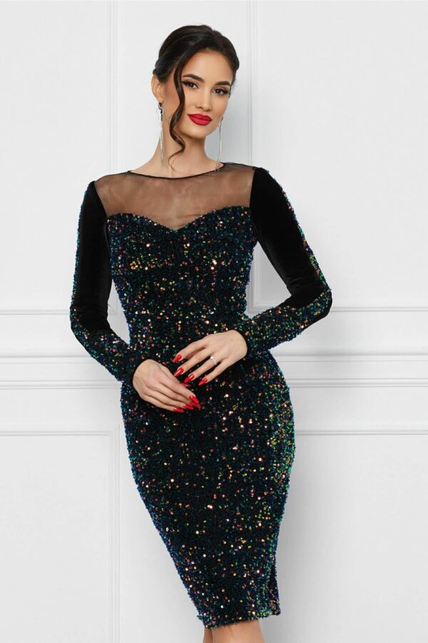 Rochie MBG din paiete bordo cu pene la baza