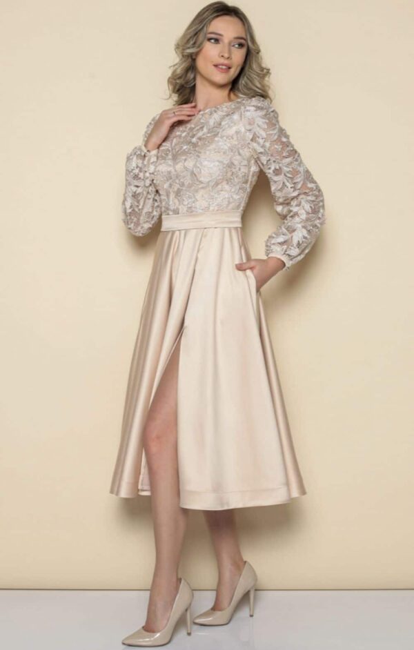 Rochie eleganta de ocazie din tafta bej cu broderie in partea superioara