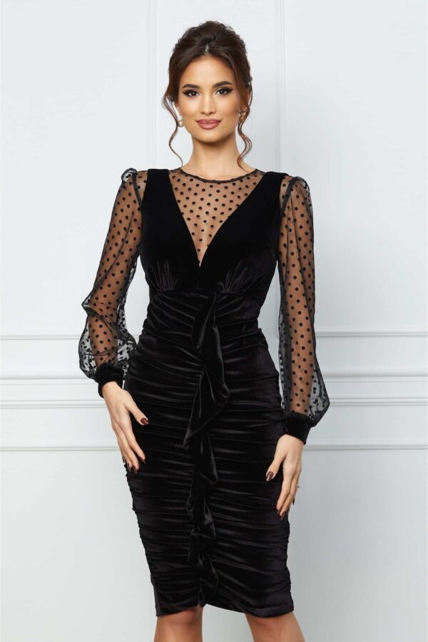 Rochie MBG bordo din catifea cu fronseu si volan pe fusta