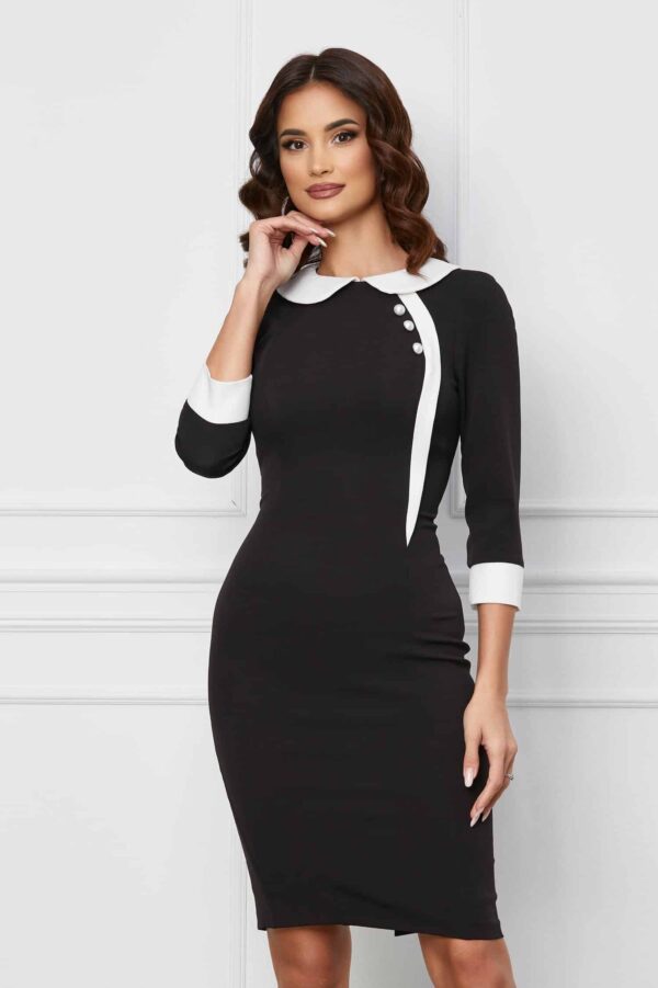 Rochie MBG neagra cu imprimeu fucsia si volane la bust