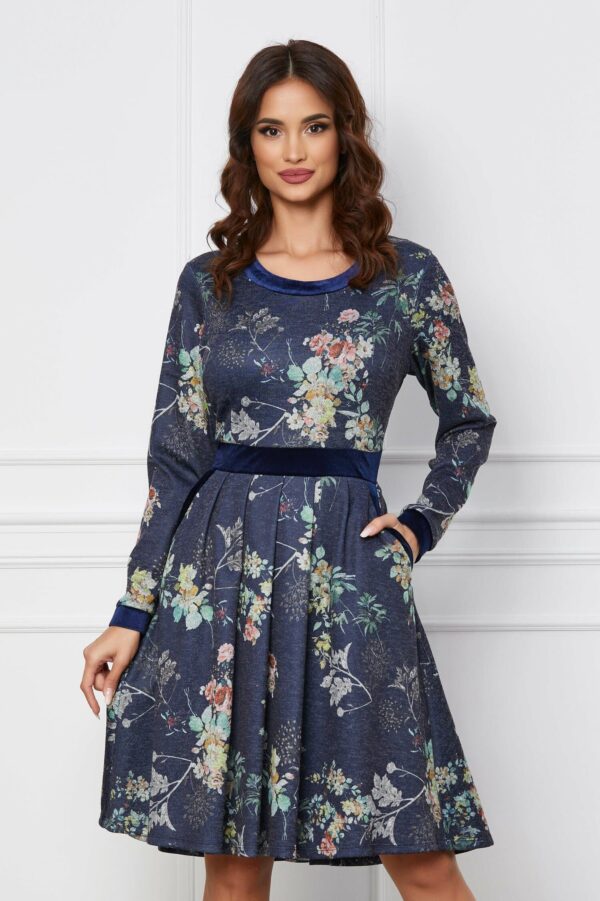 Rochie Melinda bordo cu imprimeu caramiziu si insertii catifelate