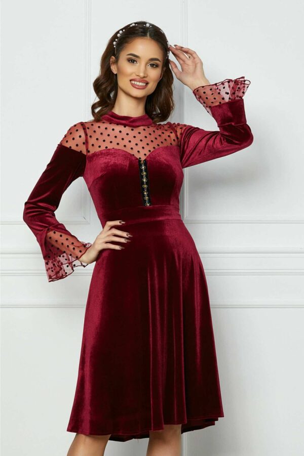 Rochie Moze bordo cu tull si buline catifelate la bust
