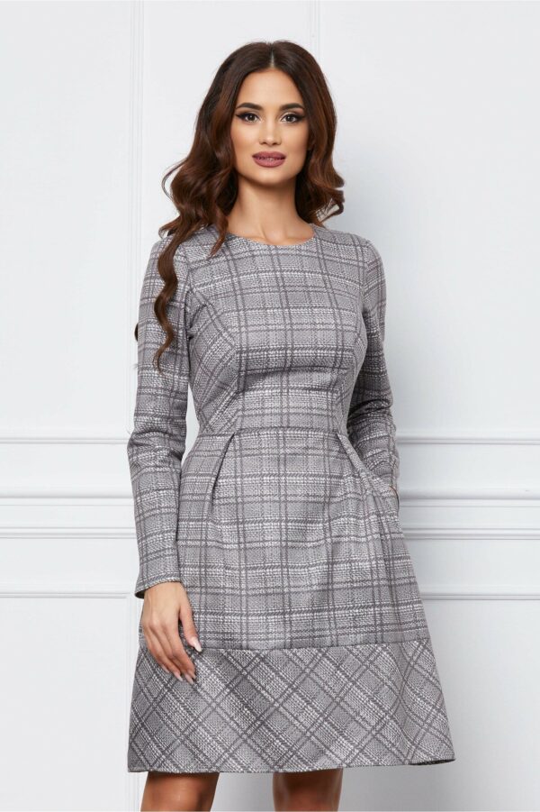 Rochie Moze gri cu buzunare si detalii din piele ecologica